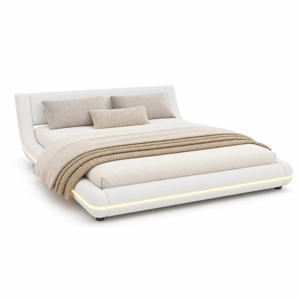 DESMIU Lit basso 140 × 200 cm 2 posti con LED regolabile, senza materasso, in PU e MDF, bianco
