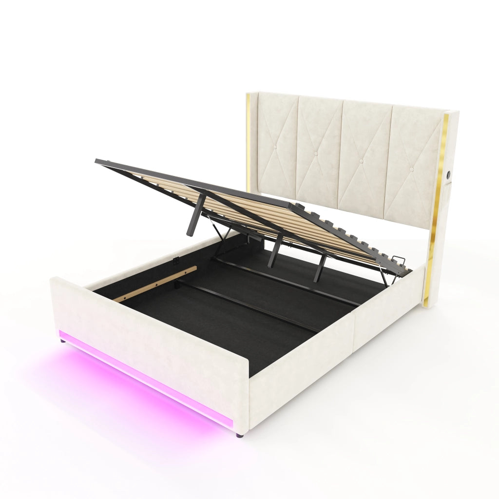 LETTO Contenitore 160x200 cm in Velluto Beige con USB, LED e tasche laterali
