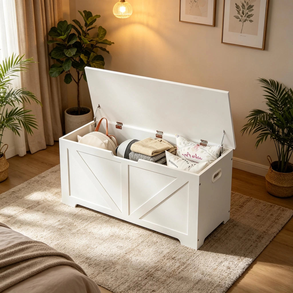 Panca contenitore da ingresso in legno con spazio nascosto, coperchio e 76 l, bianco, 100 × 47 × 40 cm
