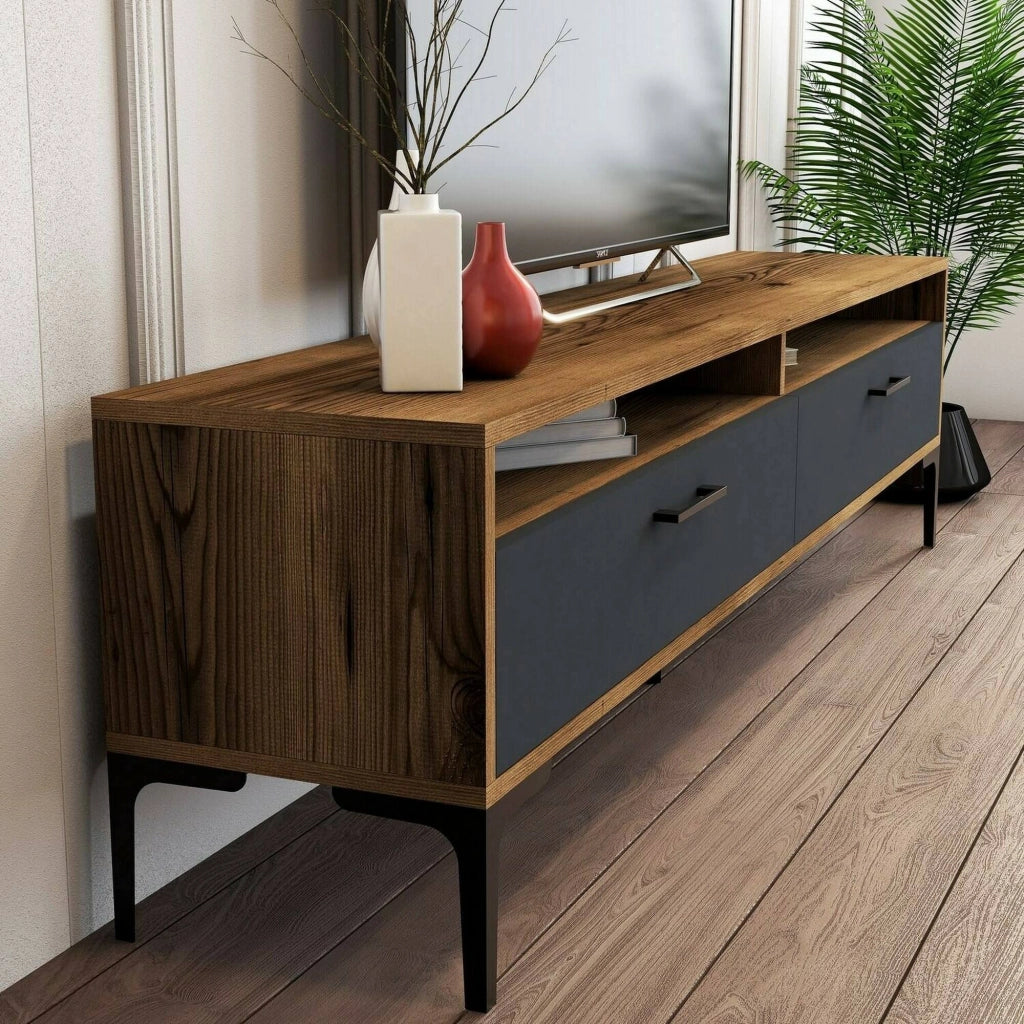 Mobile porta TV Angiari, Credenza da soggiorno, Armadio basso per TV, Base parete attrezzata, 180x47h35 cm, Noce e Antracite