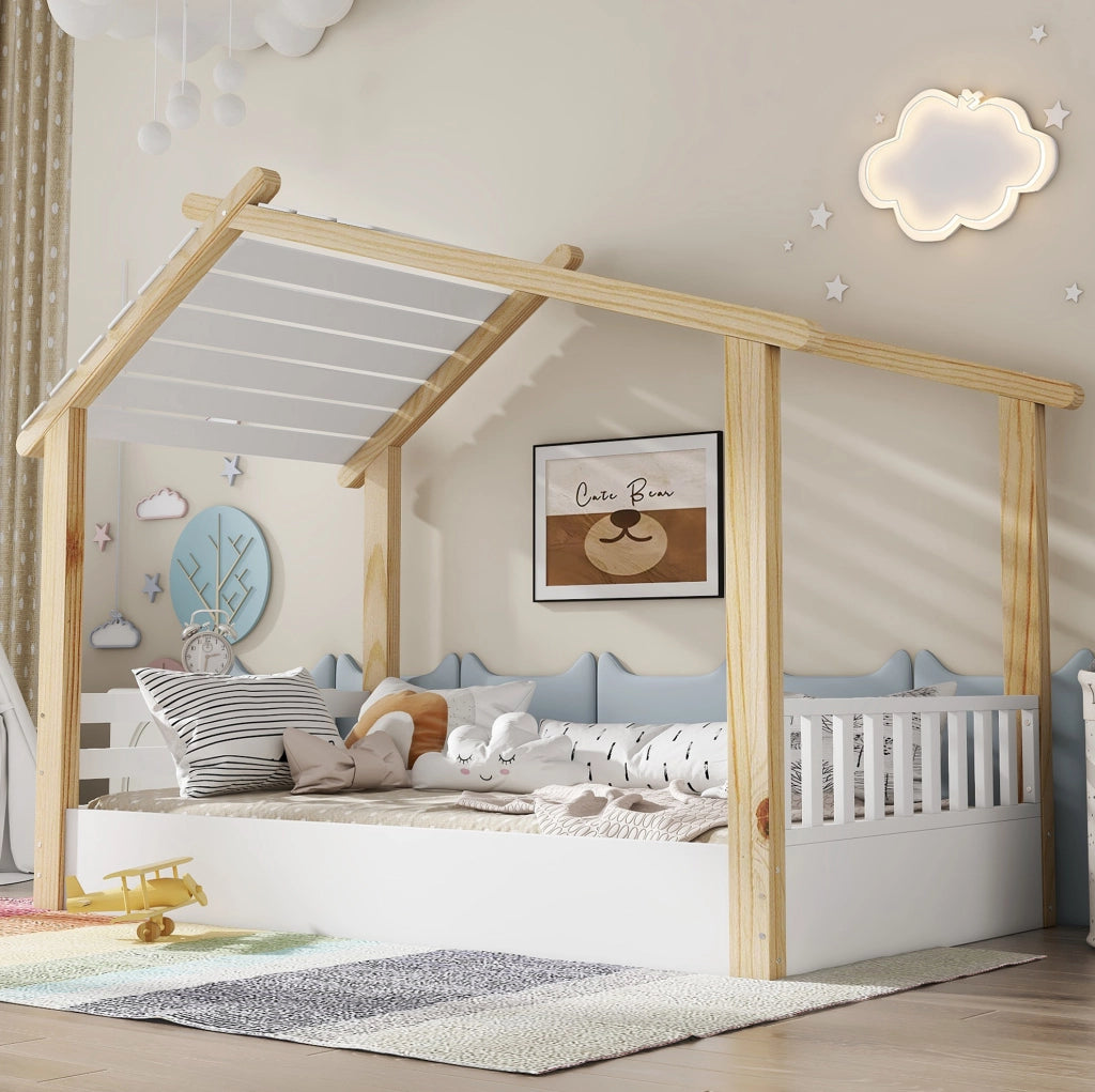 Letto singolo per bambini a casetta 90x200 cm bianco naturale
