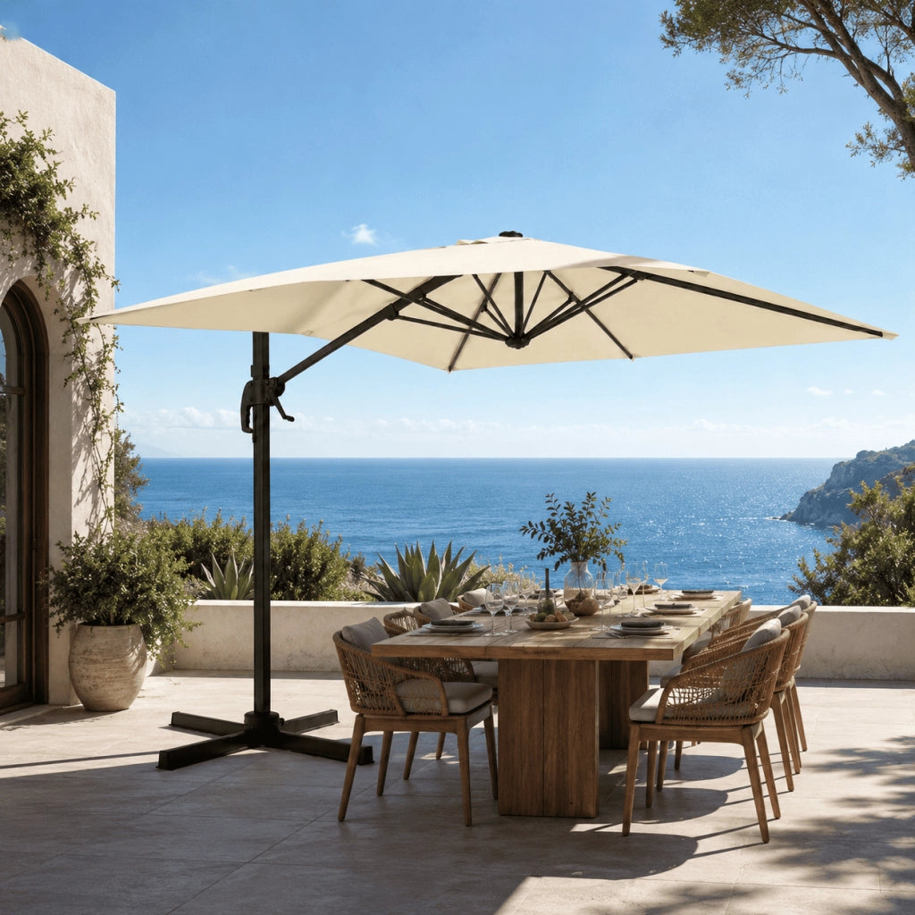 Ombrellone Girevole 360° Rotante Decentrato Rettangolare 4X3 M Con Struttura In Alluminio E Braccio In Acciaio Base A Croce Custodia Inclusa Per Giardino Terrazza Patio Piscina Ecrù