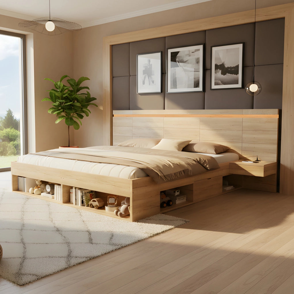 Letto in MDF con LED, ricarica USB/USB-C, comodini e contenitori, naturale