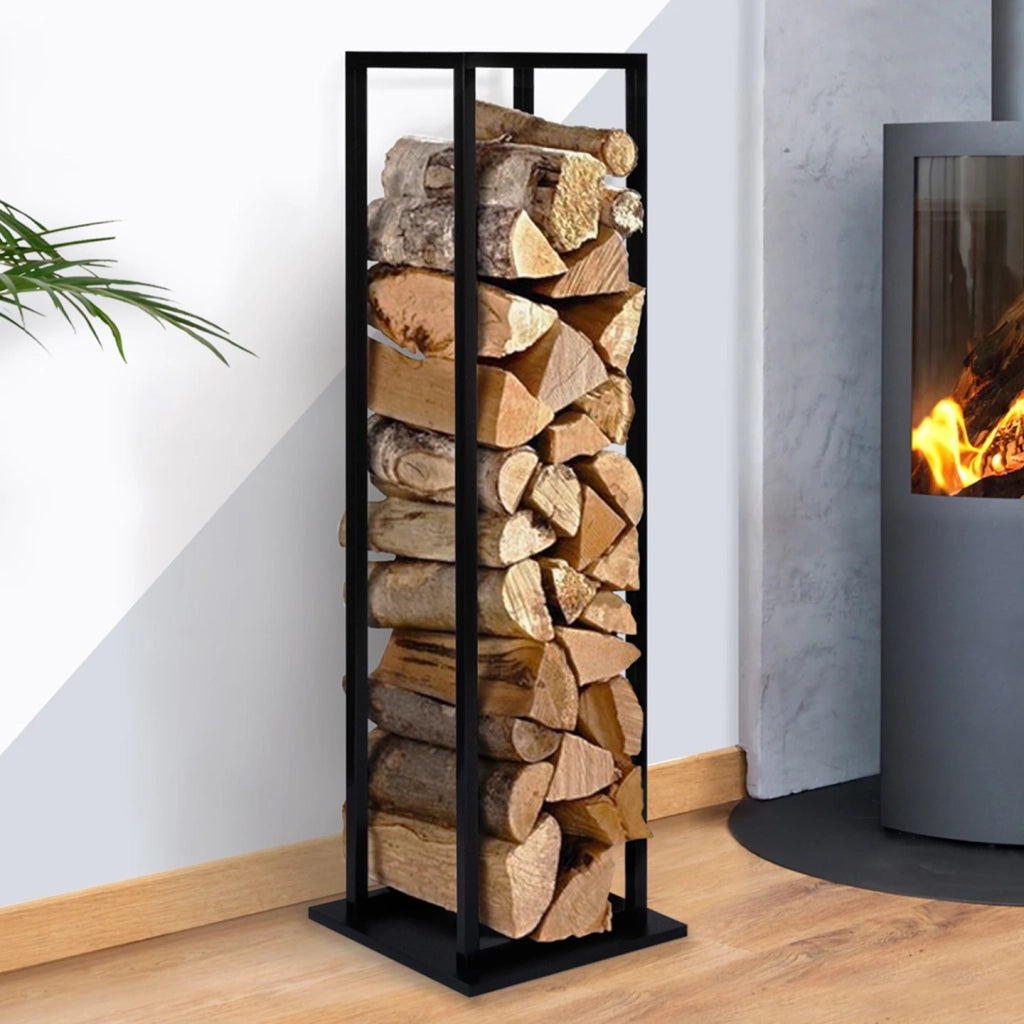 IDMarket - Portalegna per camino verticale in acciaio nero con ripiano H.112 cm
