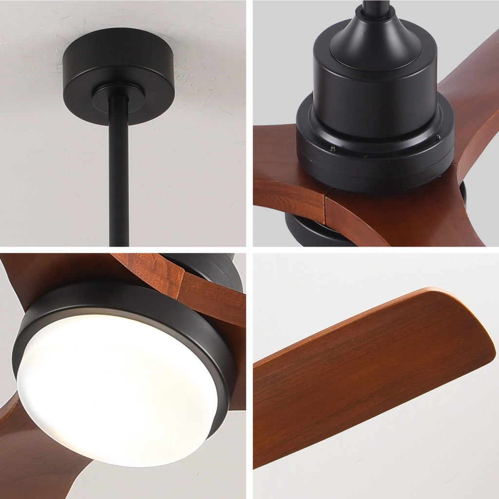 Ventilatore da soffitto con luce LED regolabile e motore reversibile in legno; noce e nero