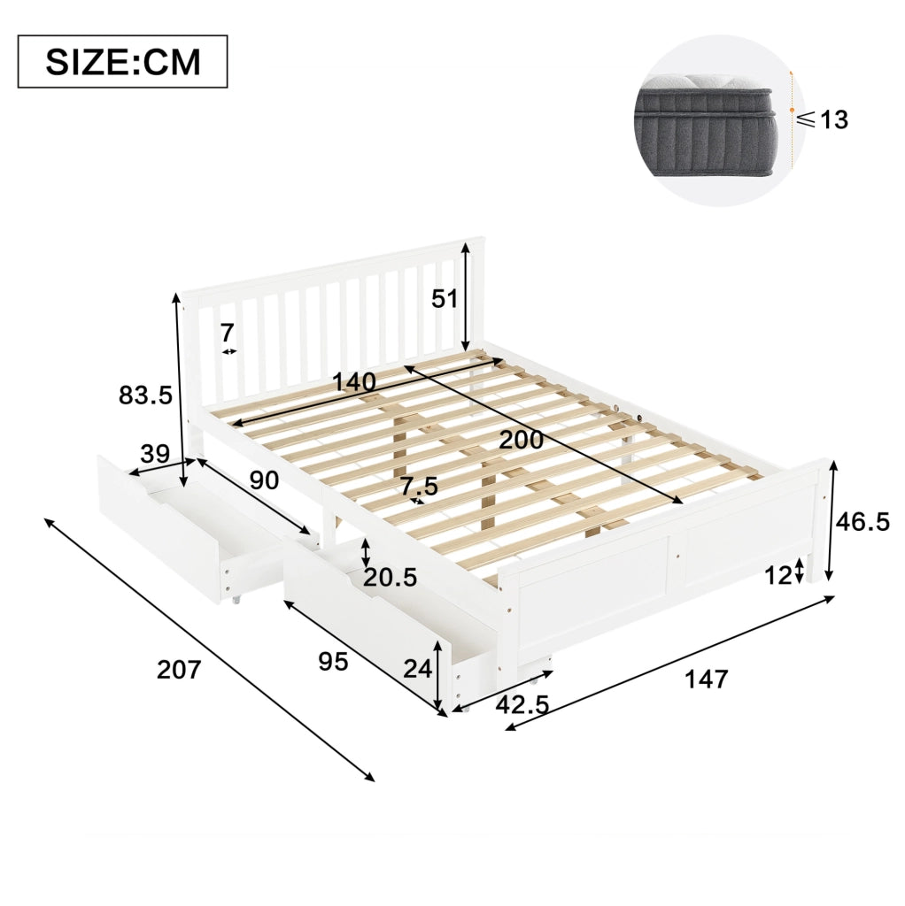 Letto matrimoniale bianco 140 x 200 cm con cassetti contenitori