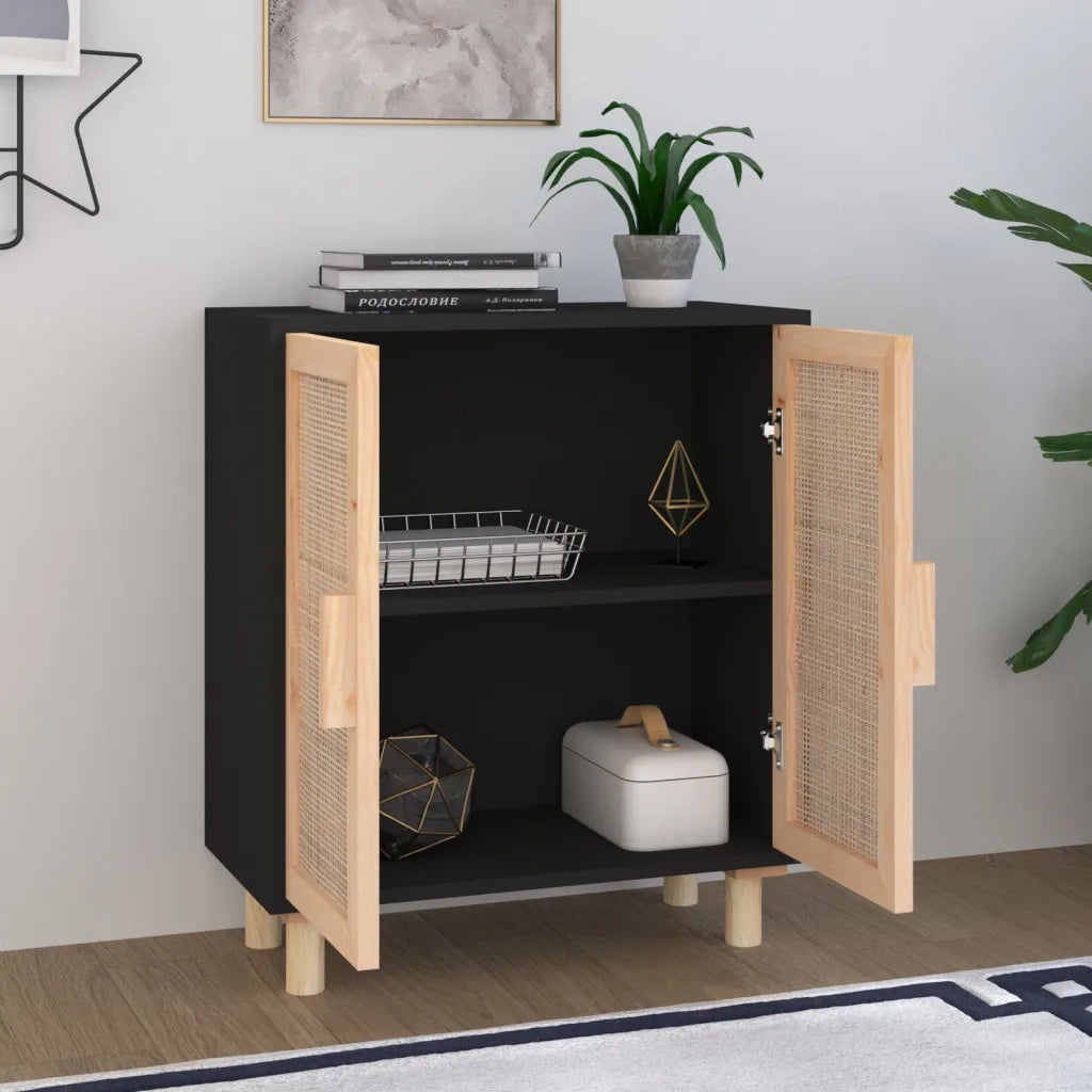 Credenza Nera 60x30x70 cm Legno Massello Pino e Rattan Naturale 345631