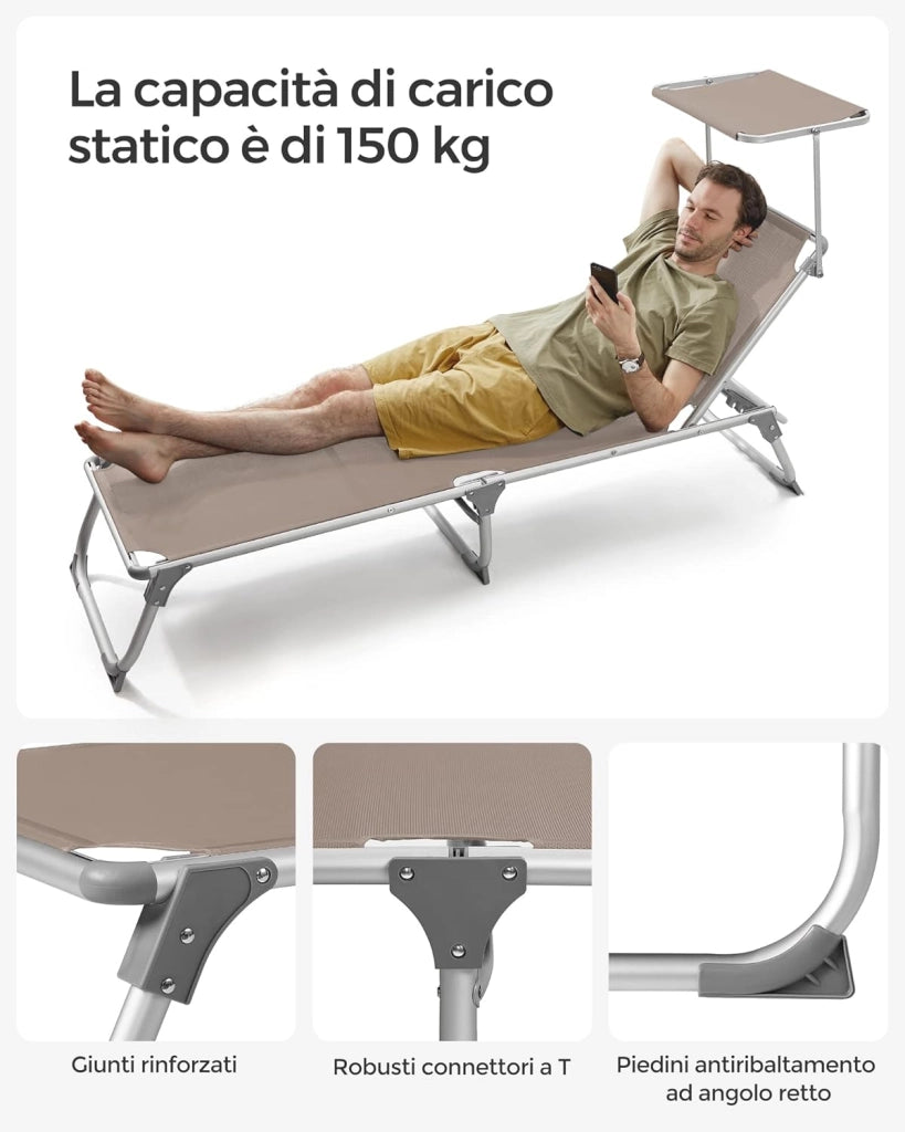 SONGMICS Lettino Prendisole, Sedia a Sdraio Pieghevole in Alluminio, con Parasole e Schienale Reclinabile, 193 x 55 x 31 cm, Max Portata 150 kg, per Terrazzo Piscina Giardino, Tortora GCB19BR
