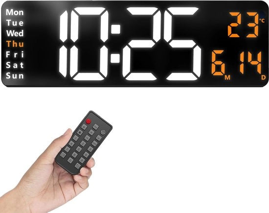 Orologio 1 XXL Bianco/Arancione: Orologio digitale per muro con visualizzazione temperatura, grande orologio LED a LED luminoso senza suono di ticchettio