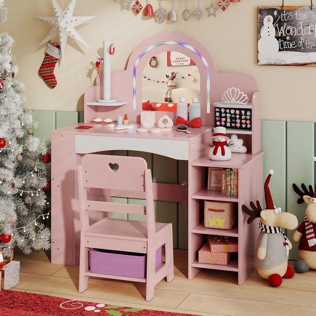Toeletta Trucco per Bambina con Sgabello, Postazione Trucco con Luci, Scaffali a Vista, Prtagioielli, Libreria a 2 Ripiani e Contenitore in Tessuto, Ideale per Bambina 3+ Anni (Rosa)
