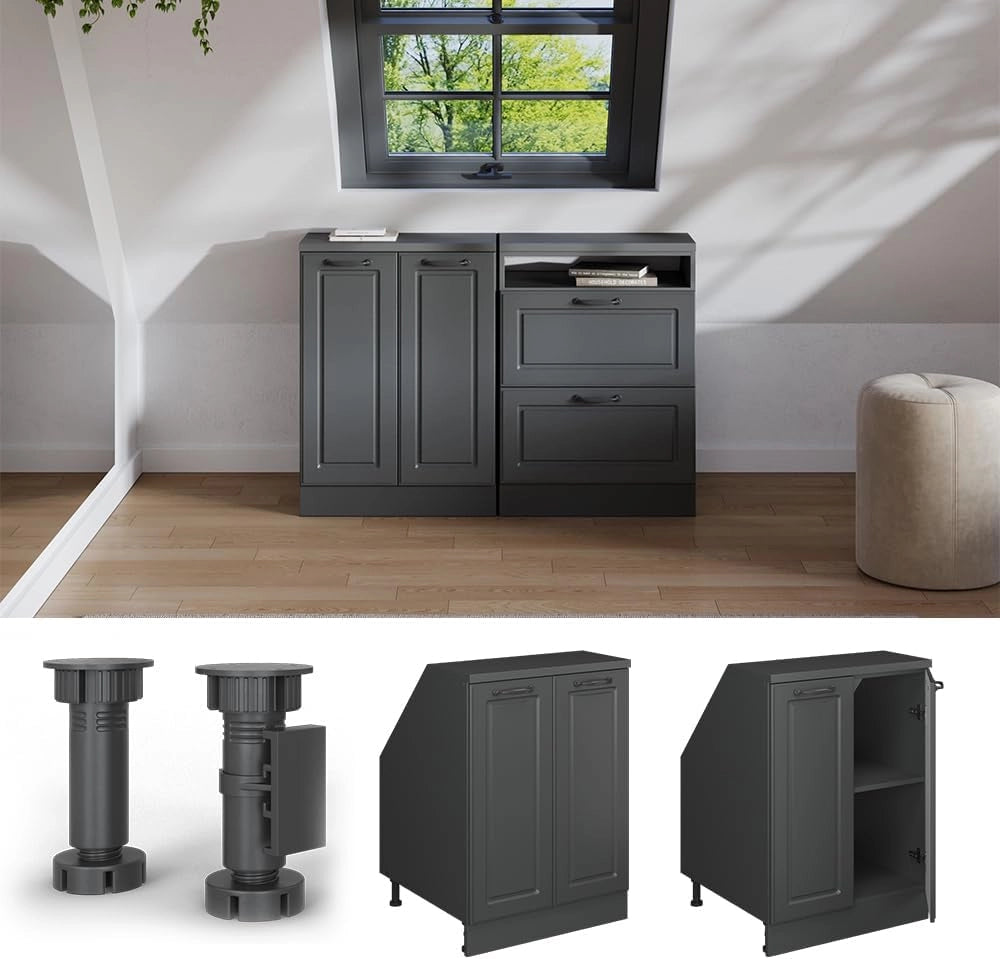 Mobile sottotetto Rion, Antracite casa di campagna, 60 x 81.6 cm con 2 porte, carcassa 60 cm profondità, adatto per il salvaspazio sotto tetti spioventi