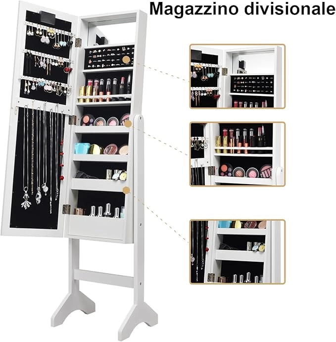 Portagioie Armadietto Specchiera con 18 Luci LED, Specchio a Figura Intera, Organizer per Gioielli Moderno Elegante, 145x35x31,5cm (Bianco)