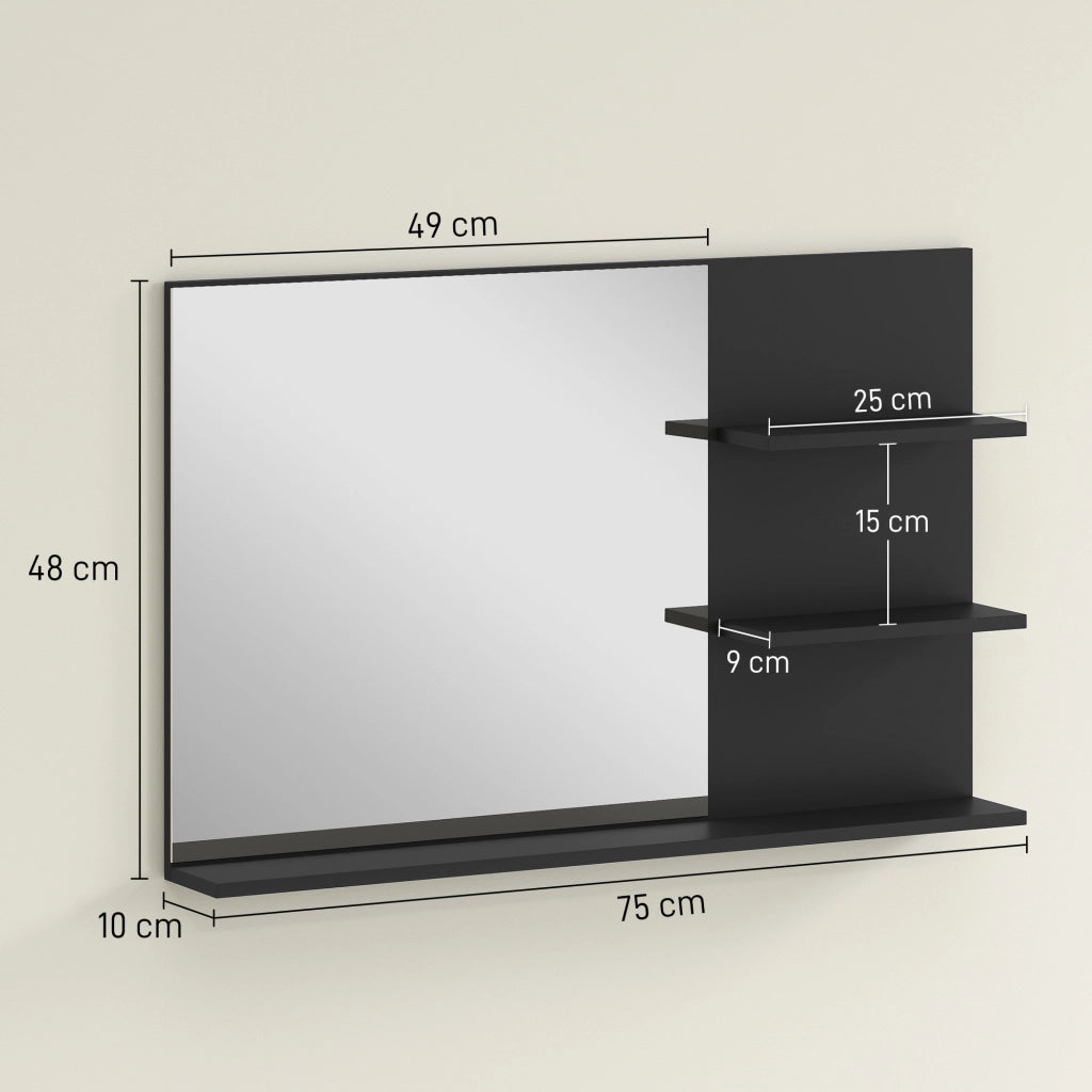 Specchio Bagno con Ripiani Laterali e Inferiore ¨C zephmum ¨C Legno Vetro Nero 75x10x48 cm