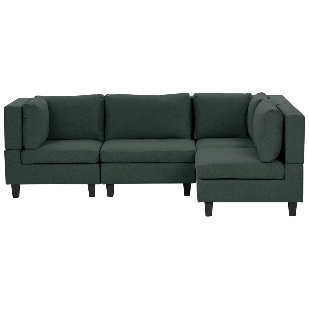 Divano componibile a 4 posti imbottito in tessuto verde scuro gambe nere lato sinistro con ottomana stile moderno