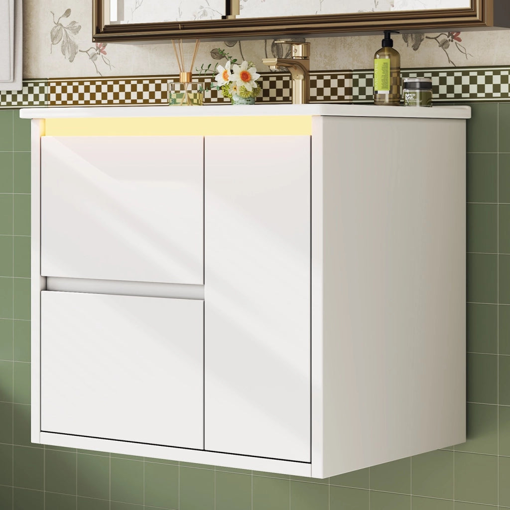 Mobile sottolavabo con 2 cassetti, 1 armadietto, LED a sensore e lavabo integrato per bagno, bianco 61 × 46,5 × 57 cm