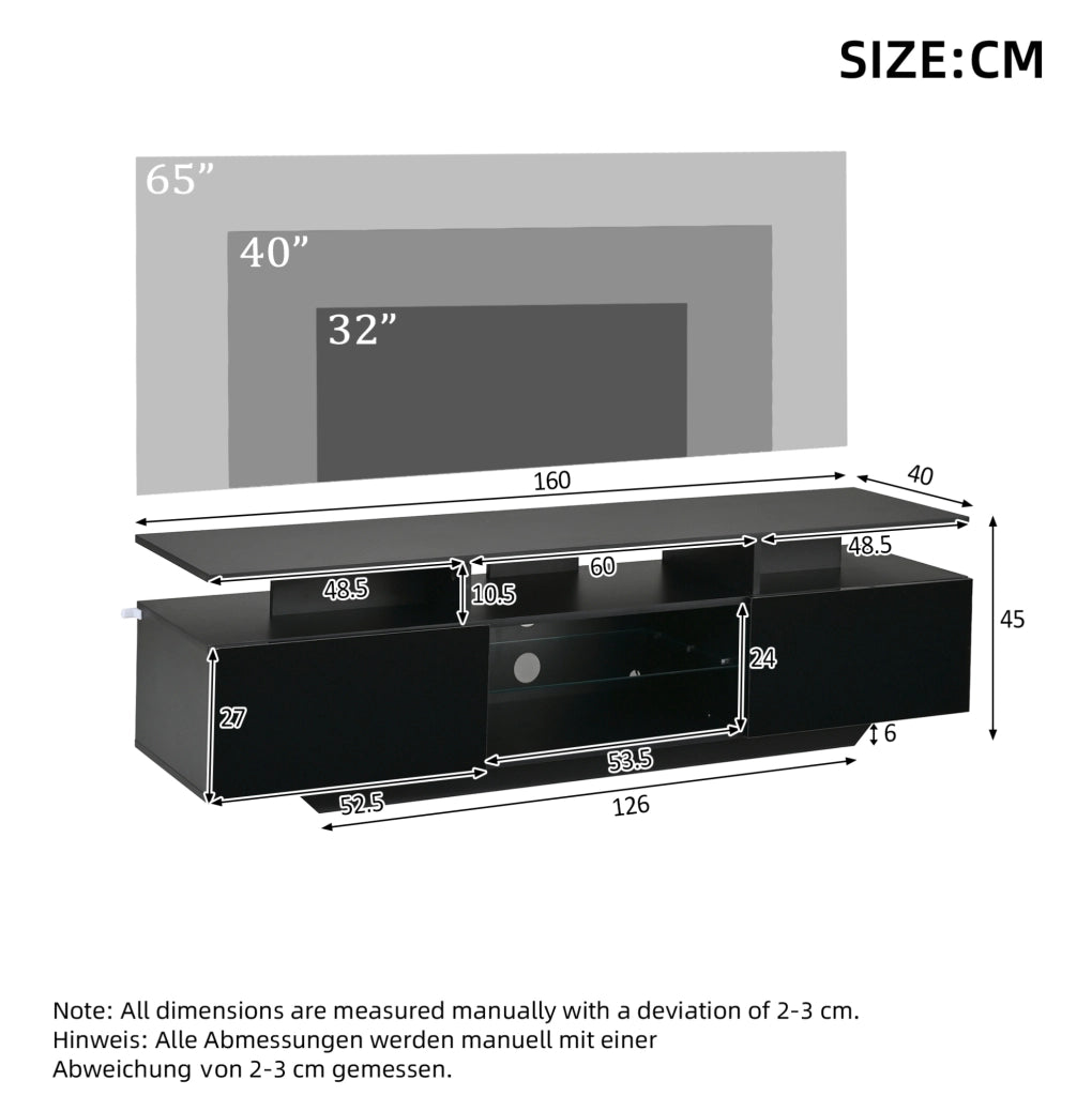 Mobile TV 160x40x45 cm con LED controllabile via app, 2 vani, MDF e vetro nero