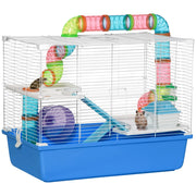 Gabbia per Criceti a 3 Livelli con Tunnel, Casetta e Ruota per Criceti, 59x36x47cm, Blu e Bianco
