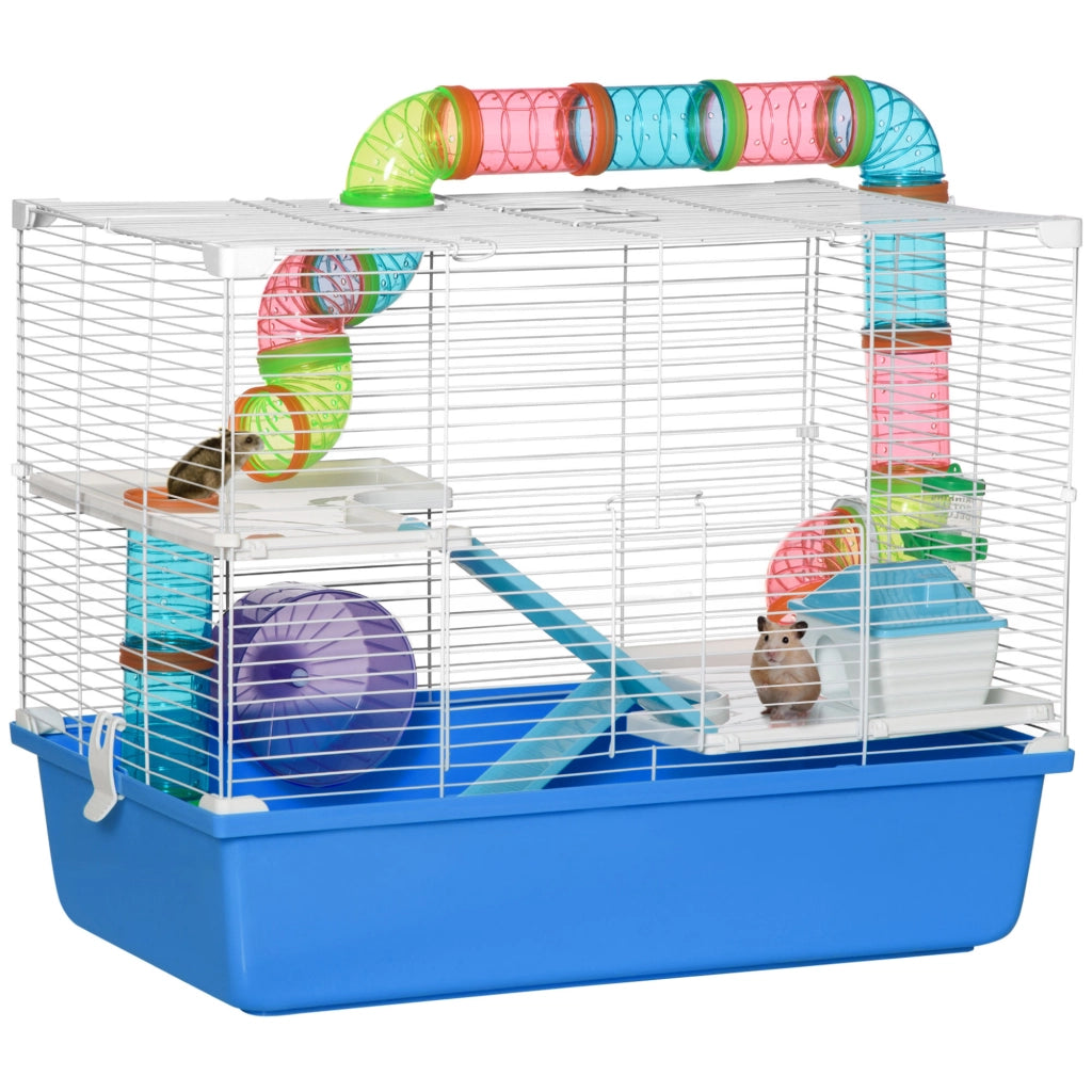 Gabbia per Criceti a 3 Livelli con Tunnel, Casetta e Ruota per Criceti, 59x36x47cm, Blu e Bianco