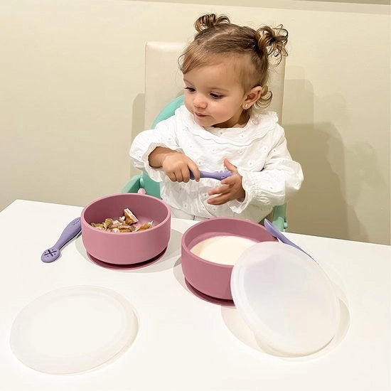Set di servizio per bambini | biberon in silicone con coperchio e beccuccio | lecca lecca | da 6 mesi in rosa e viola