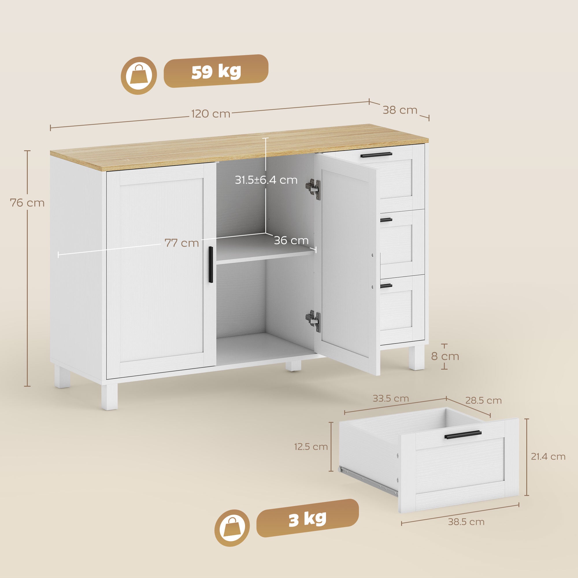 Mobile Cucina Buffet 120x38x76 cm con 3 Cassetti e Armadietto 2 Ante Ammortizzate Bianco