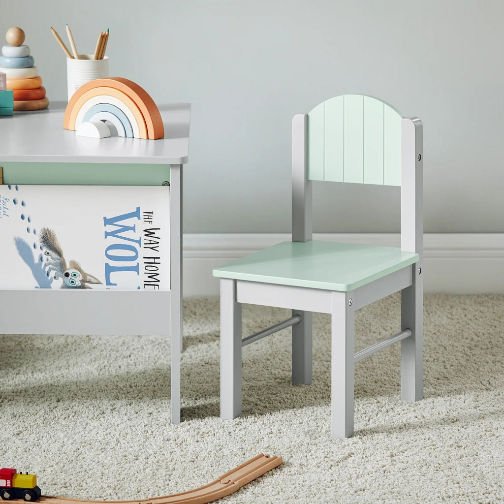 Tavolo Per Bambini Con 2 Sedie, Set Tavolo E 2 Sedie Per Bambini, Scrivania Per Bambini Con 2 Ripiani Laterali Per Libri Grigio Chiaro E Verde, KMB88-HG SoBuy