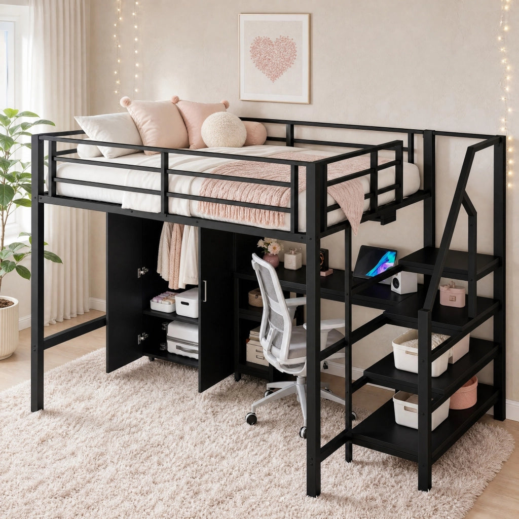Letto a soppalco ULEVR 140x200 cm con armadio, scrivania, ripiani e scala con vani, nero