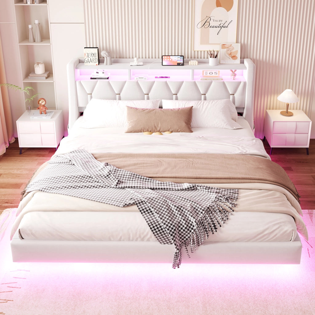 OKWISH Letto Imbottito 180×200 cm, Letto Matrimoniale con LED, USB, Type-C e Presa, Testiera Ribaltabile con Ripiani, senza Materasso, Beige