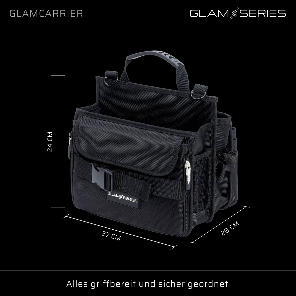 GlamSeries GlamCarrier Borsa porta trucchi con ampio spazio, trousse pieghevole per cosmetici con manico e tracolla, pochette da lavoro ideale per truccatori e parrucchieri