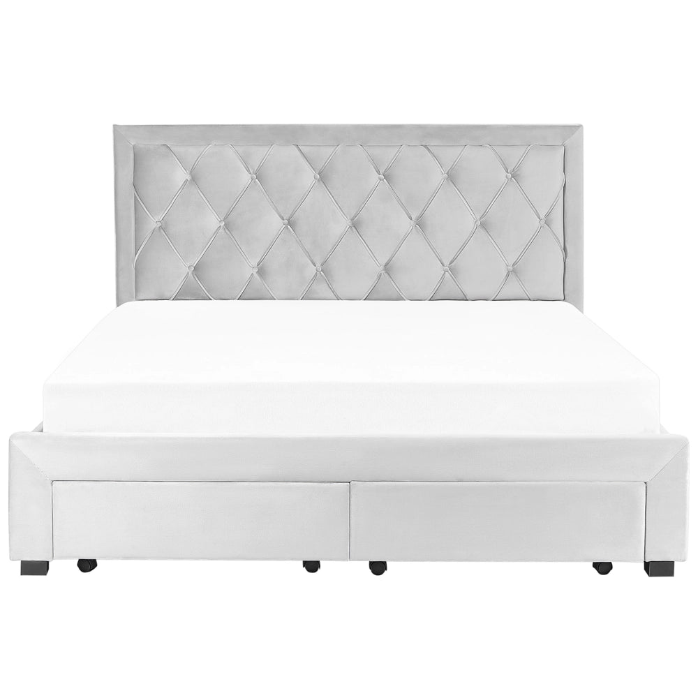Letto contenitore tappezzeria in velluto grigio chiaro 180 x 200 cm trapuntato testiera alta cassetti Glam Design