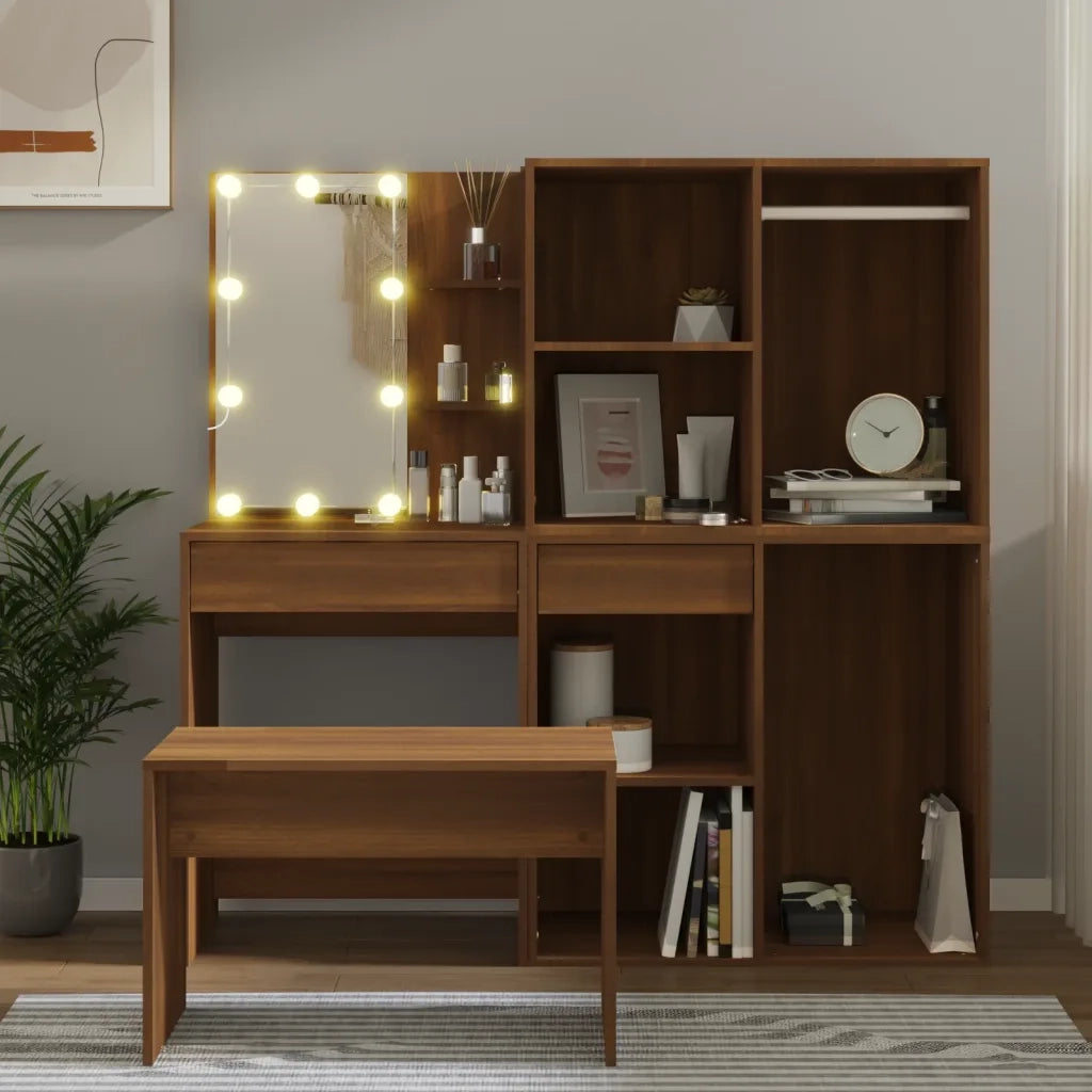Set Tavolo da Toeletta con LED Rovere Marrone Legno Multistratocod mxl 93075