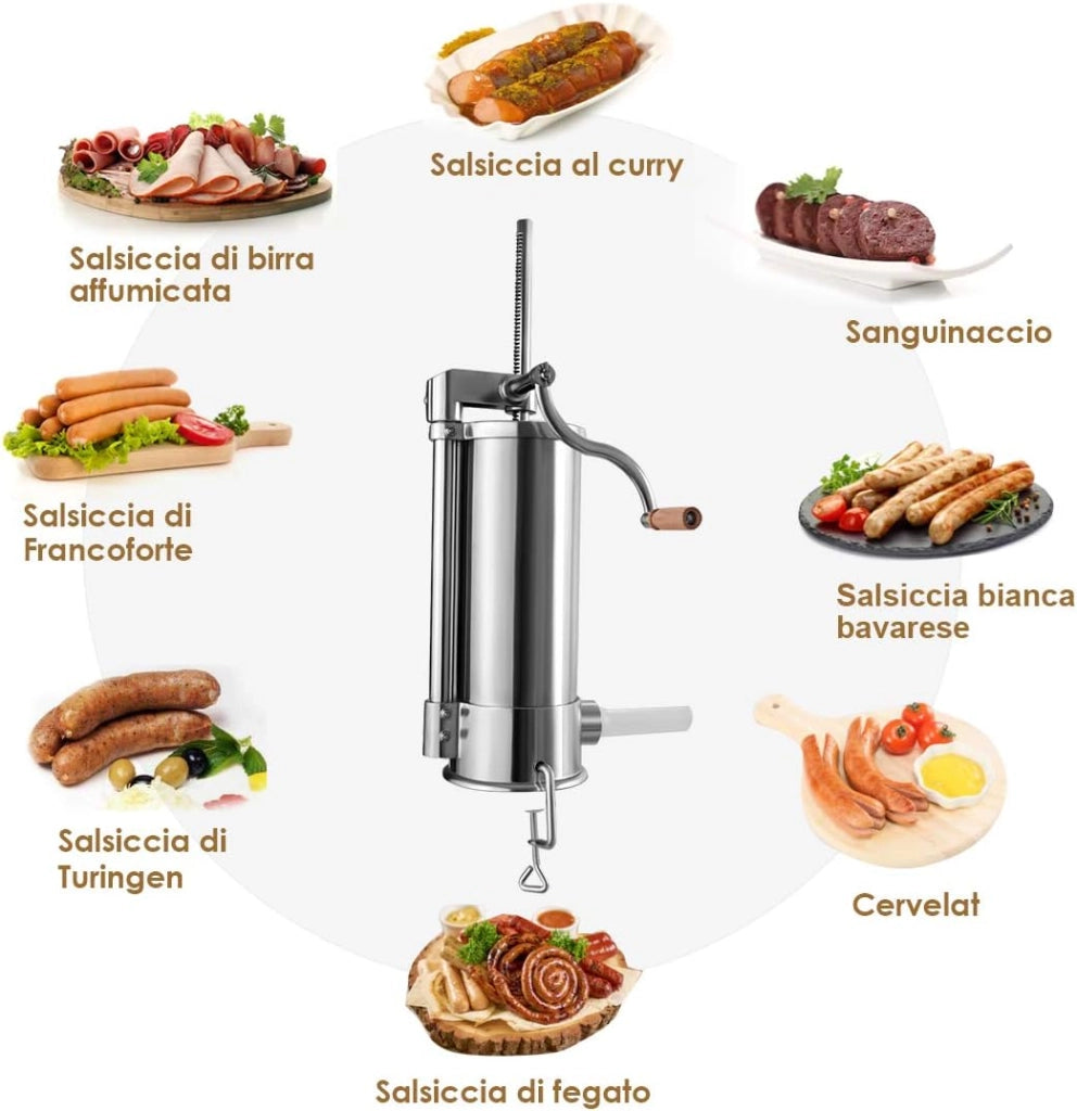 5 kg Insaccatrice per Salsiccia Macchina per la Produzione di Salsicce Insaccatrice Manuale per Uso Domestico, Salsicce Siringa con 6 Tubi di Riempimento