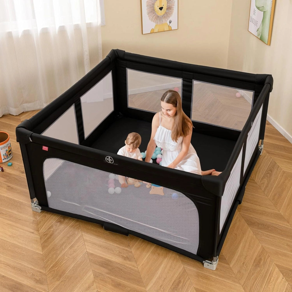 Box per Bambini 150 x 150 cm, Recinto per Neonati Pieghevole in Tessuto Oxford con Rete Traspirante, Centro Attività con 50 Palline, 4 Pezzi Anelli e Borsa (Nero, 150 x 150 cm)