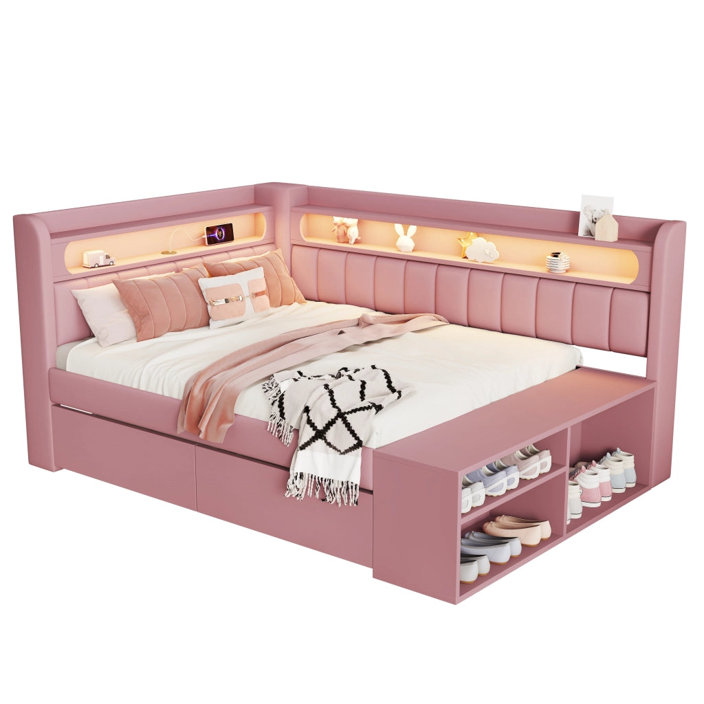 Letto a Divanetto 90x200 cm con USB; LED; 2 Cassetti e Scarpiera; Imbottito - Rosa