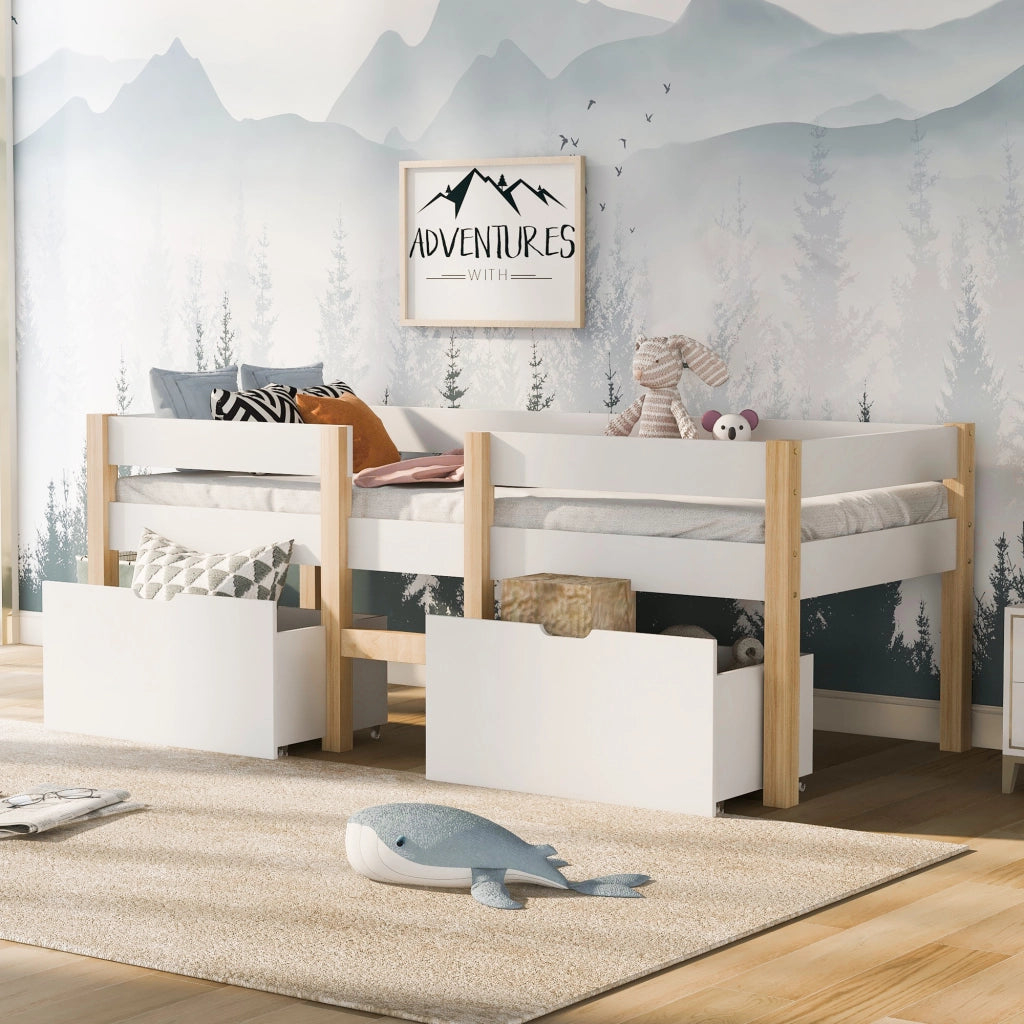 Letto bambino con cassetto e protezione anticasco in legno massello di pino bianco e rovere 90x190 cm