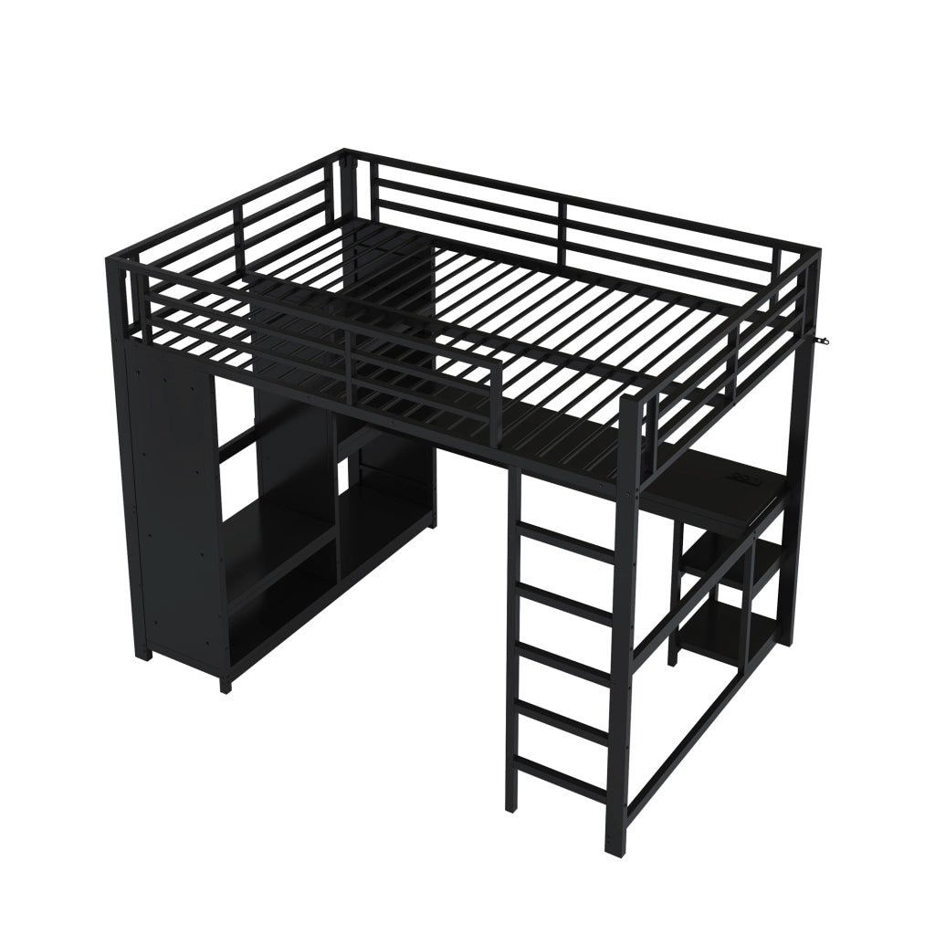 Letto a Soppalco 140 × 200 cm; 2 Posti con Scrivania; LED e Armadio Aperto; senza Materasso; Nero