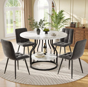 Set tavolo rotondo 80 cm con 4 sedie in velluto grigio e metallo