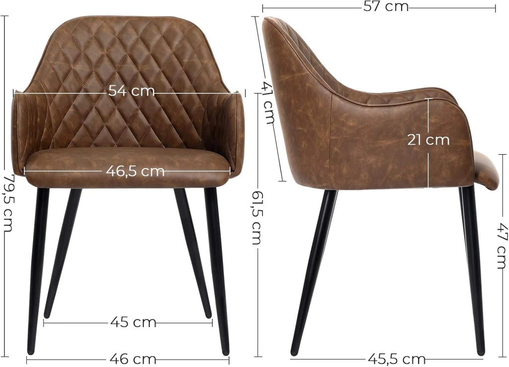 SONGMICS Set di 2 Sedia da Pranzo, Poltroncina, Sedia Imbottita con Braccioli, Rivestimento in PU con Effetto Vintage, per Sala da Pranzo Soggiorno Camera da Letto, Marrone LDC085K02