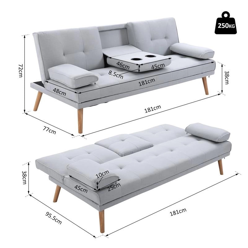 DIVANO LETTO CON TAVOLINO A RIBALTA E PIEDINI IN LEGNO 181X77X72 CM GRIGIO