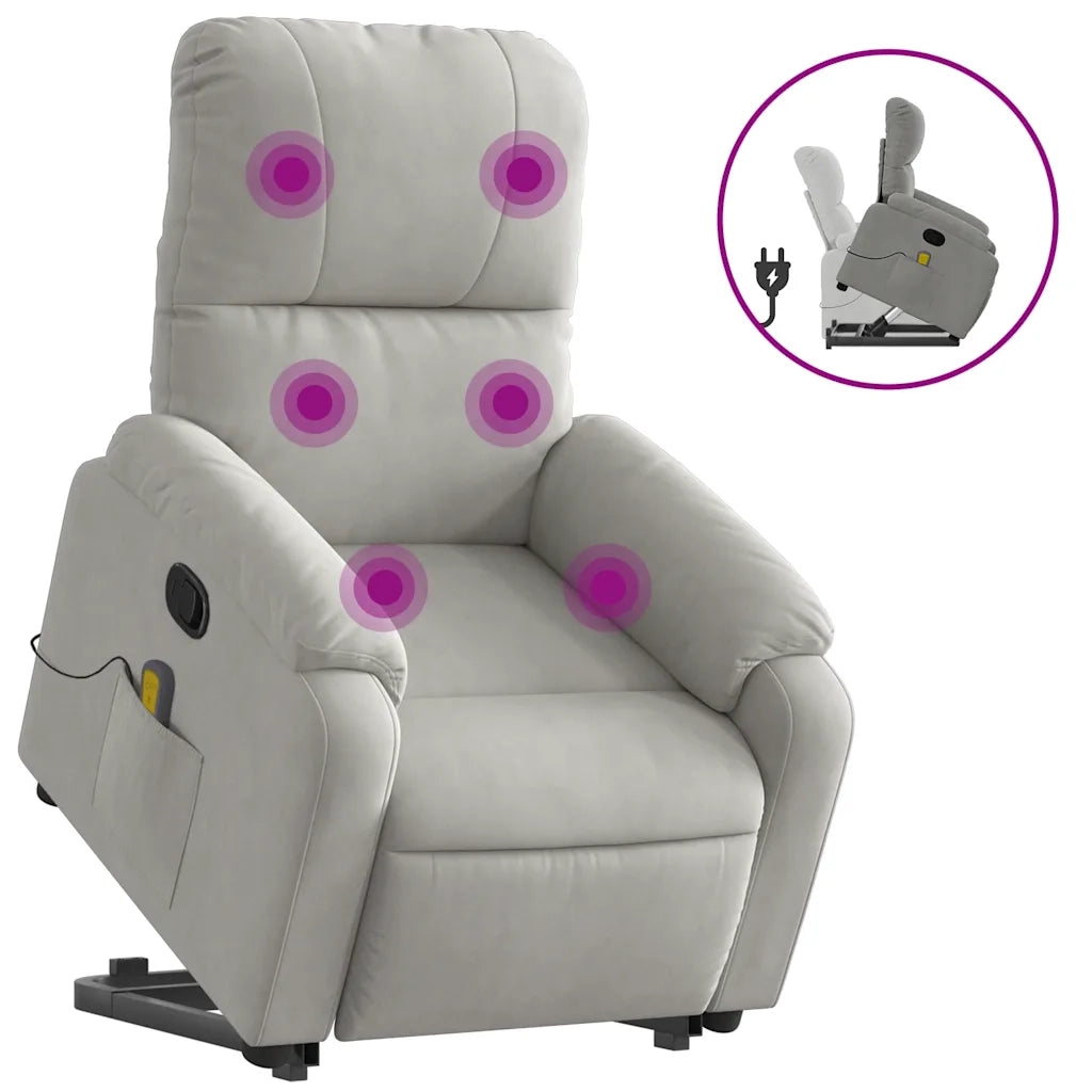 Poltrona | Sedia Relax a Rialzo Massaggi Reclinante Grigio Chiaro Microfibra