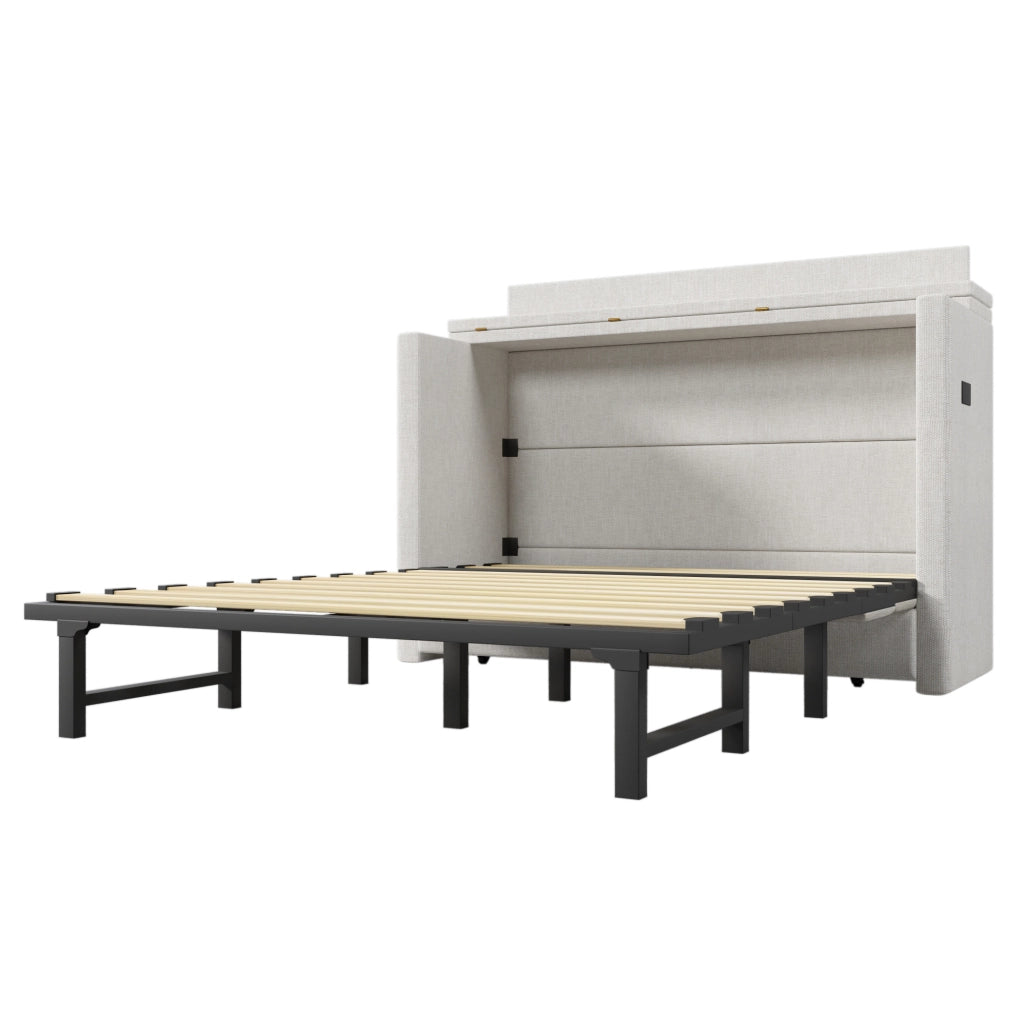 Letto a scomparsa 140x200 cm beige in lino - porte USB e Type-C