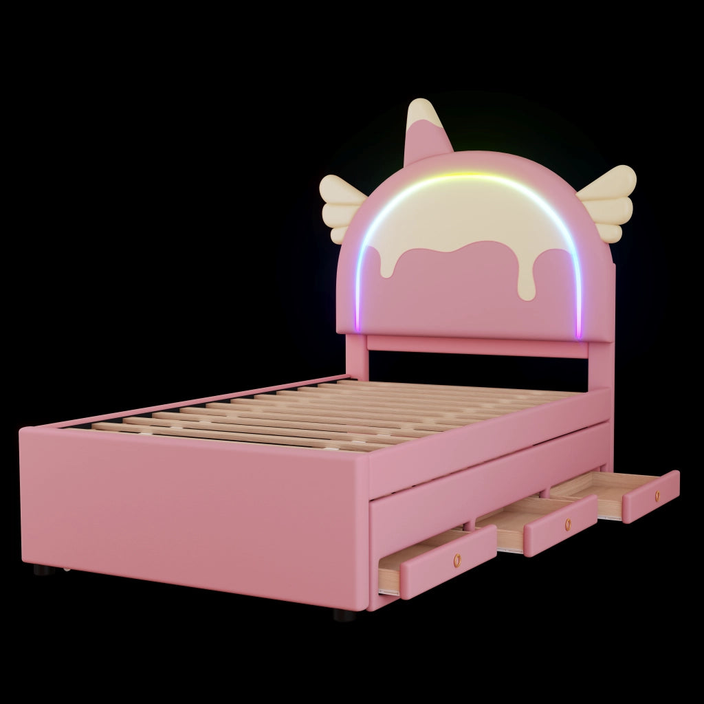 Letto Estraibile 90×200 cm; Singolo con Testiera a Unicorno e Letto Estraibile; senza Materasso; Rosa