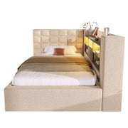 Letto singolo 90×200 cm con contenitore; LED; USB e testiera a L; materasso incluso; lino; beige