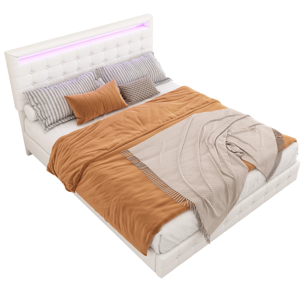 Letto Matrimoniale con LED Regolabile e Testiera Regolabile 140×200 cm; senza Materasso; PU; Bianco