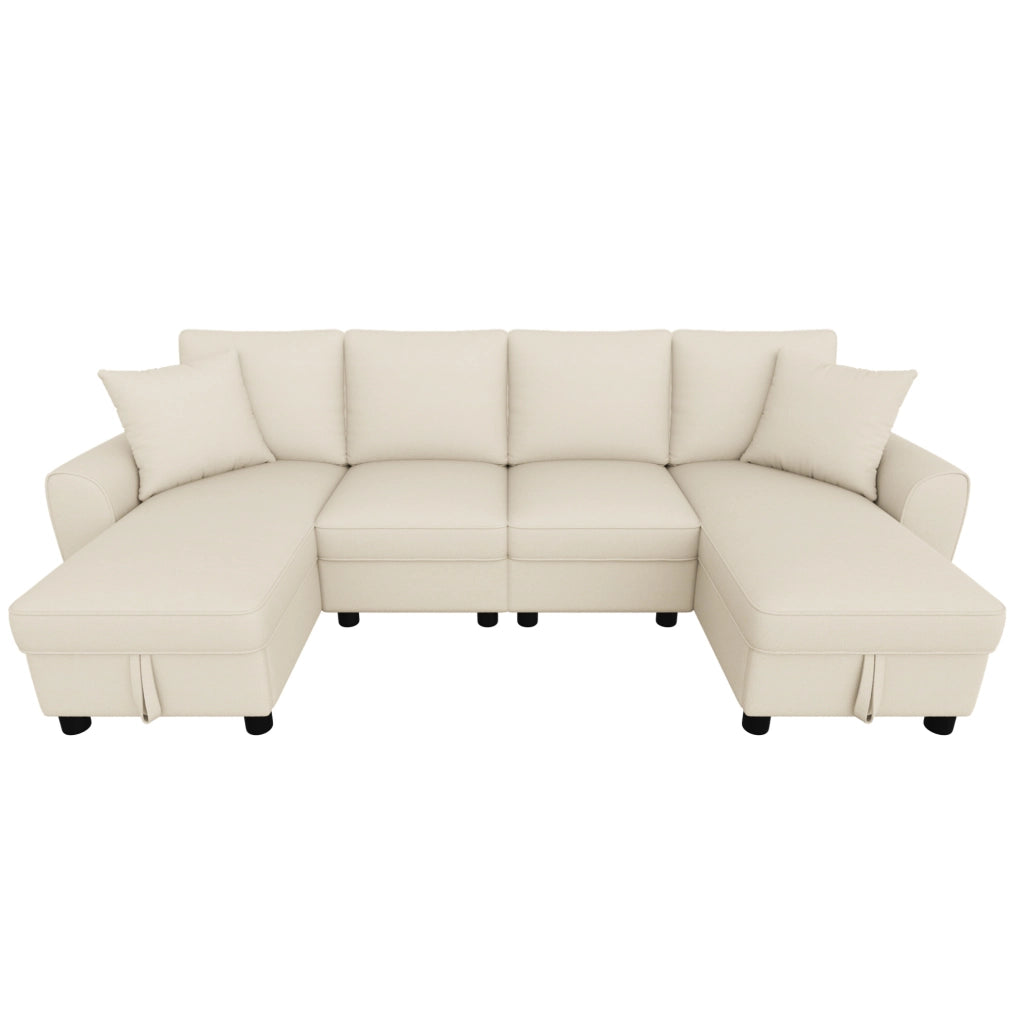 Divano a U in ciniglia beige con vano contenitore, 280 cm