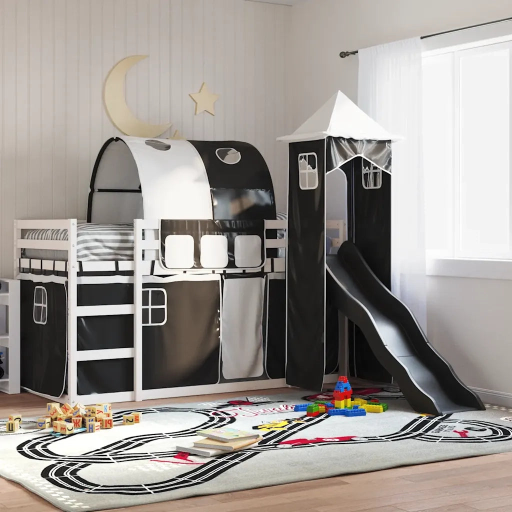 Letto a Castello con Scivolo e Tende Bianco e Nero 80x200 cm 3284182
