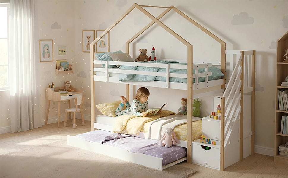 DESMIU Letto a castello 90 × 200 cm e 90 × 190 cm 2 posti con scala con cassetti e materasso senza