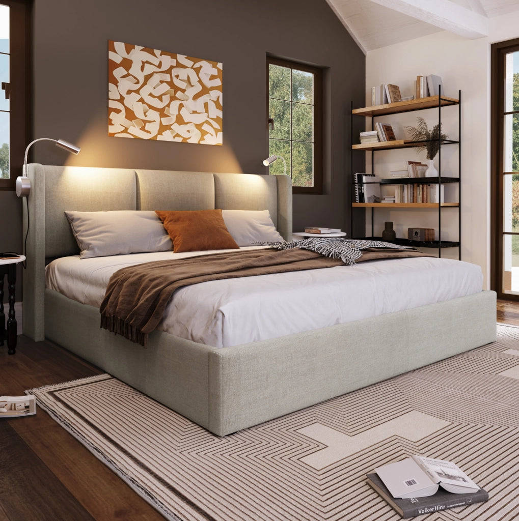 Letto matrimoniale contenitore 160x200 cm in lino beige con luce da lettura e USB