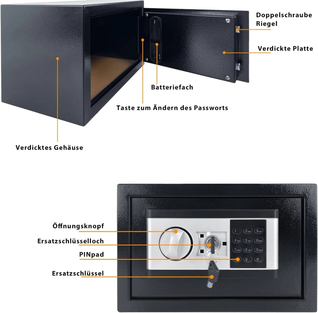 Safe Cassaforte per mobili da casa, impermeabile, 22 l, con codice di sicurezza e chiavi di sicurezza e funzioni di allarme, cassaforte
