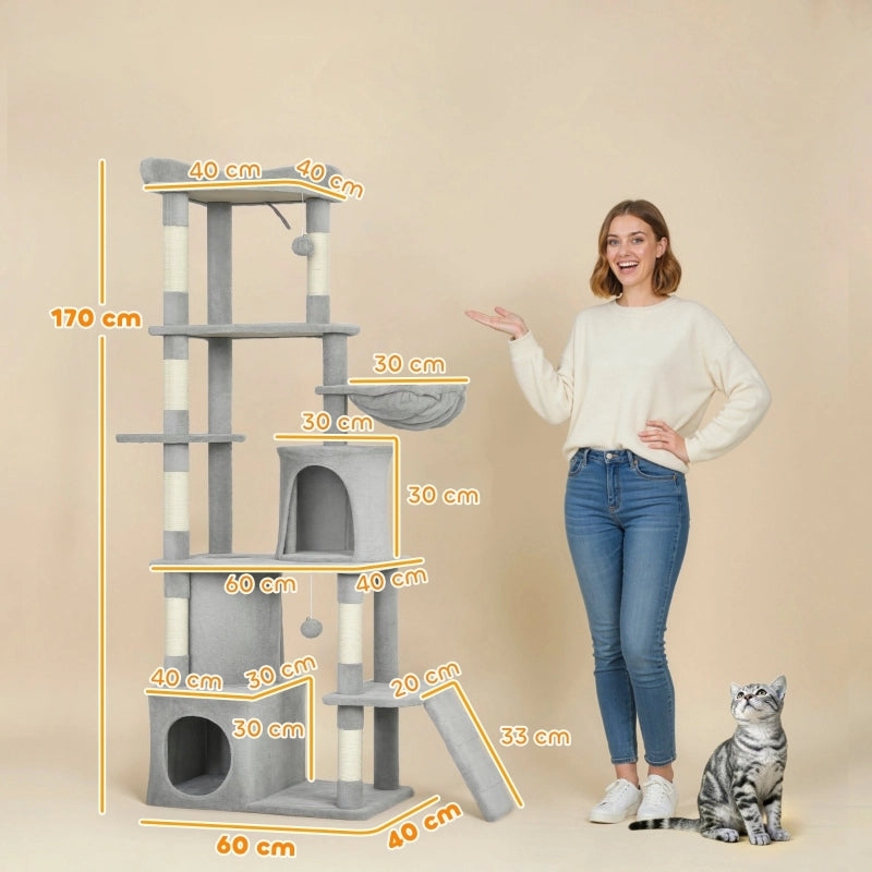 Albero tiragraffi per gatti 170 cm con tunnel, cucce, amaca e base ampia, grigio chiaro
