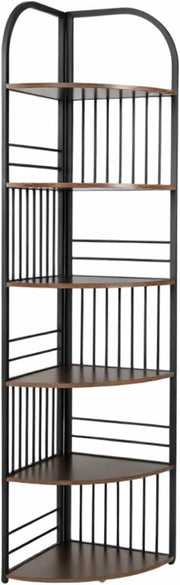 Libreria ad Angolo a 6 Ripiani, Libreria da Terra Moderna con Struttura in Metallo e Piedini Antiscivolo, Scaffale a Scala PortaPiante per Soggiorno, Camera da letto, 42x42x181,5cm (Marrone)